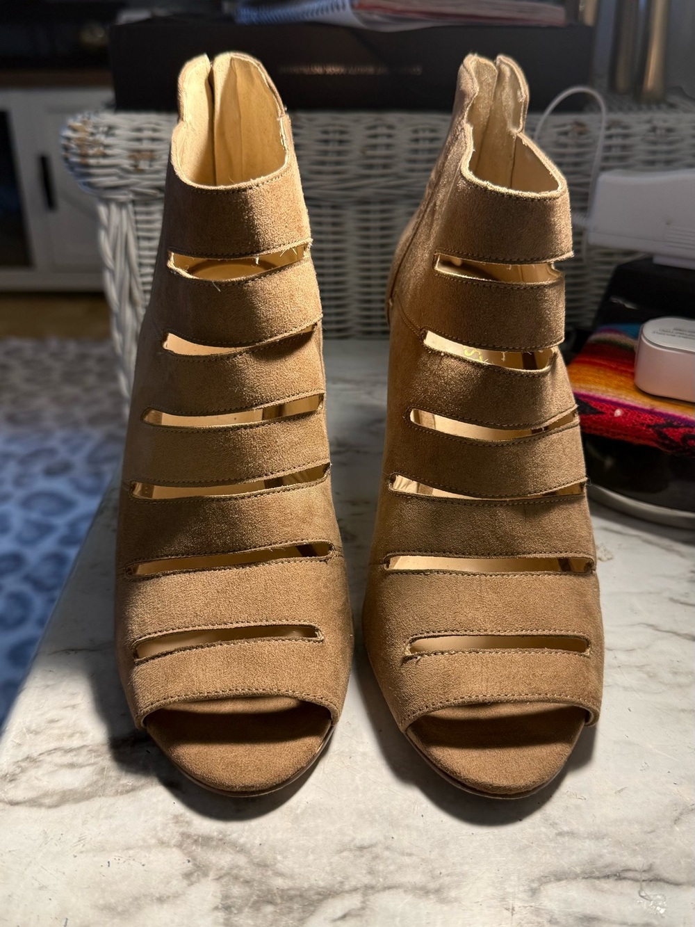 Open-Toe Strappy Ankle Booties in Tan Suede